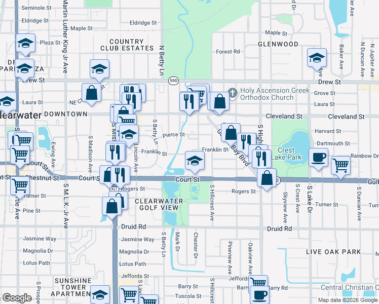 map of restaurants, bars, coffee shops, grocery stores, and more near 1318 Franklin Street in Clearwater