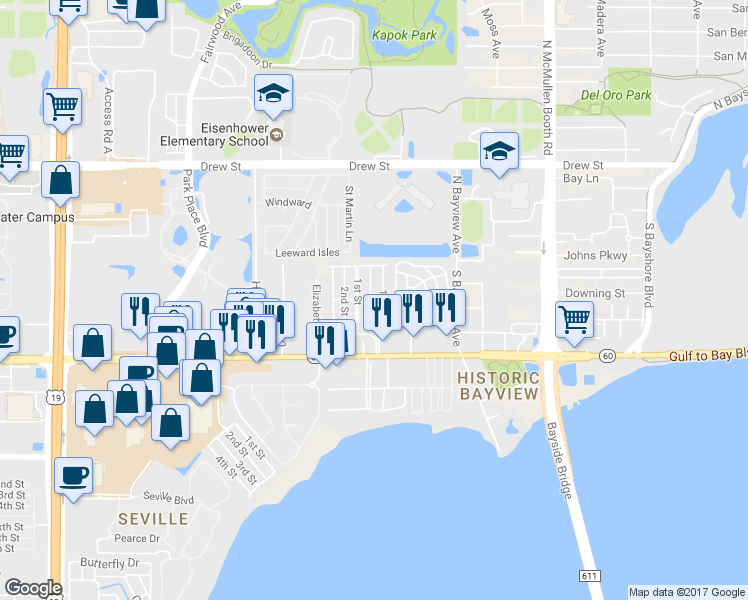 map of restaurants, bars, coffee shops, grocery stores, and more near 2946 Gulf to Bay Boulevard in Clearwater