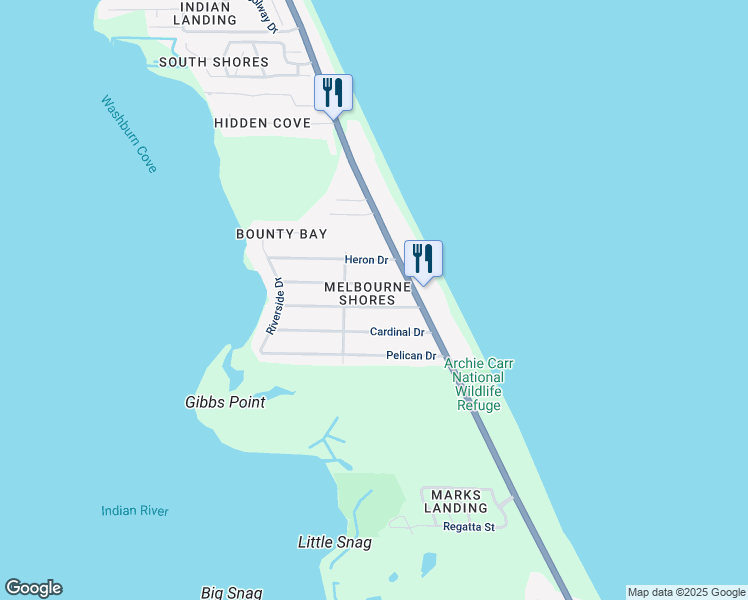 map of restaurants, bars, coffee shops, grocery stores, and more near 134 Flamingo Drive in Melbourne Beach