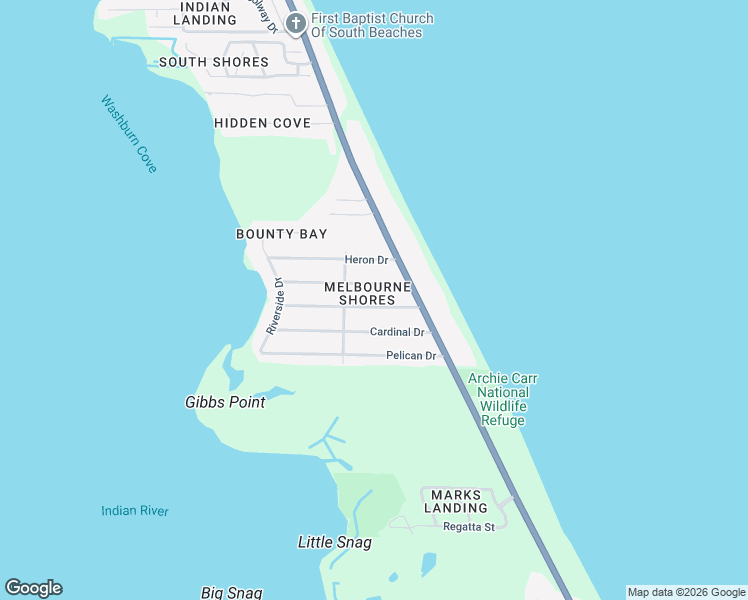 map of restaurants, bars, coffee shops, grocery stores, and more near 134 Flamingo Drive in Melbourne Beach