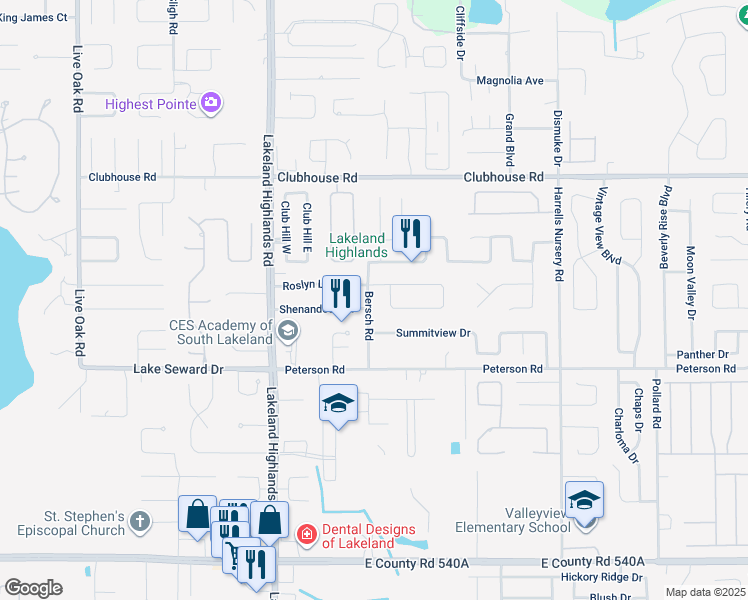 map of restaurants, bars, coffee shops, grocery stores, and more near 5616 Bersch Road in Lakeland