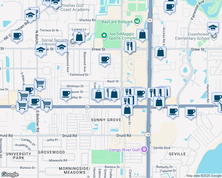 map of restaurants, bars, coffee shops, grocery stores, and more near 2457 Whitman Street in Clearwater