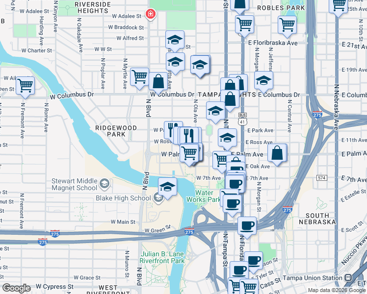 map of restaurants, bars, coffee shops, grocery stores, and more near 2110 North Ola Avenue in Tampa