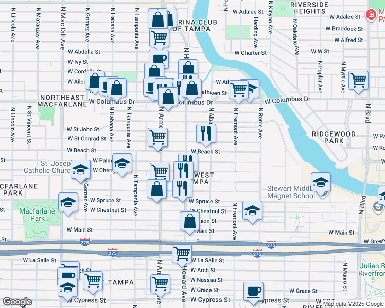 map of restaurants, bars, coffee shops, grocery stores, and more near 2127 West Beach Street in Tampa