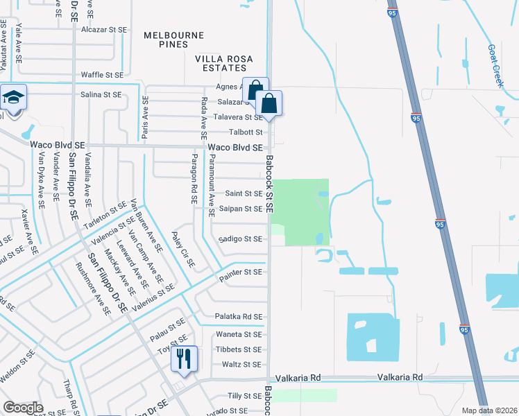 map of restaurants, bars, coffee shops, grocery stores, and more near 1683 Saipan Street Southeast in Palm Bay