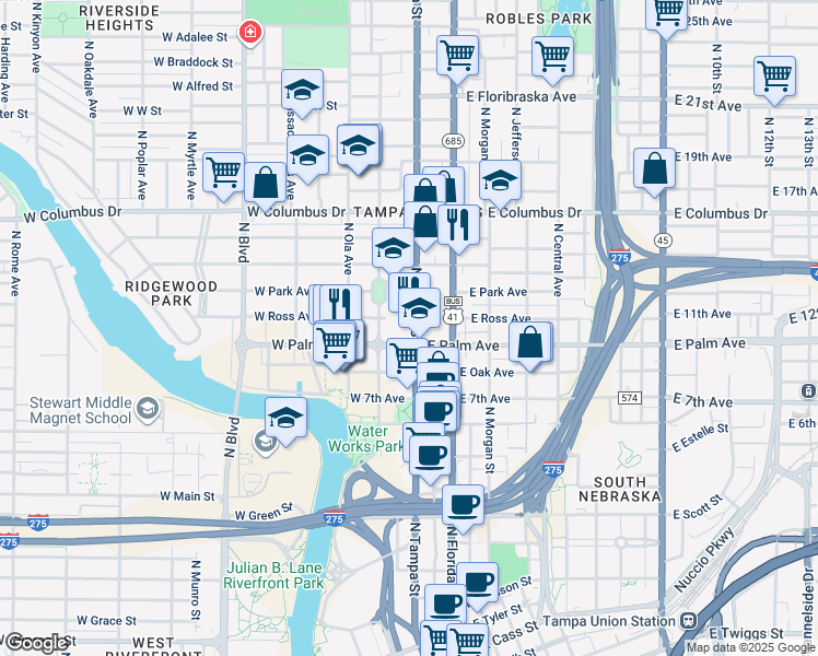 map of restaurants, bars, coffee shops, grocery stores, and more near 2108 North Tampa Street in Tampa