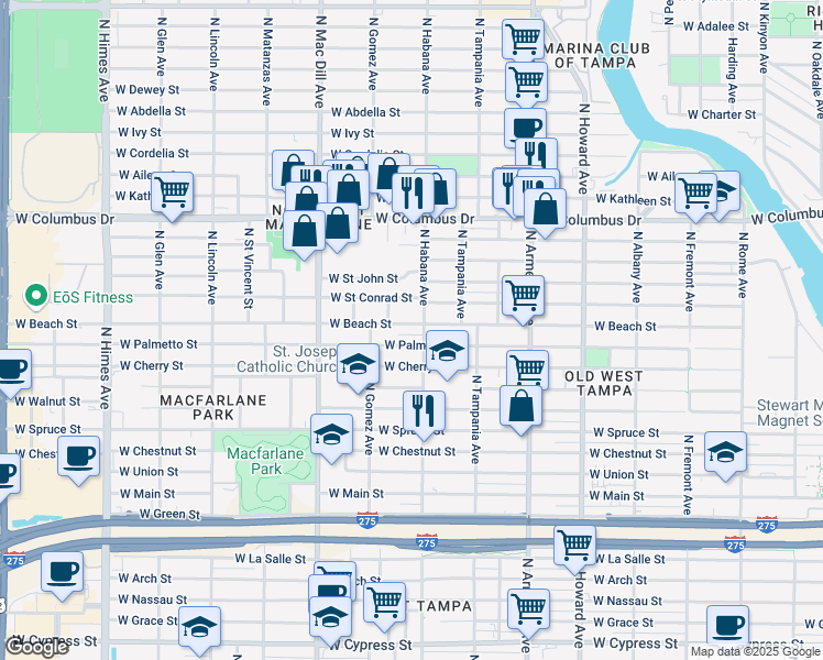 map of restaurants, bars, coffee shops, grocery stores, and more near 2918 West Beach Street in Tampa