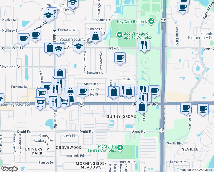 map of restaurants, bars, coffee shops, grocery stores, and more near 211 South Fernwood Avenue in Clearwater