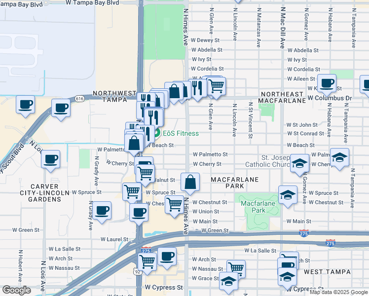 map of restaurants, bars, coffee shops, grocery stores, and more near 2408 North Himes Avenue in Tampa