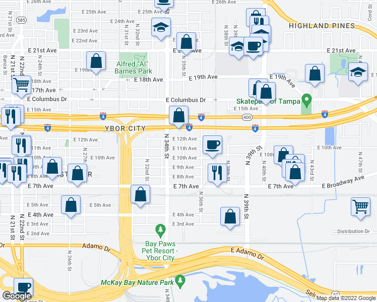 map of restaurants, bars, coffee shops, grocery stores, and more near 3505 East 11th Avenue in Tampa