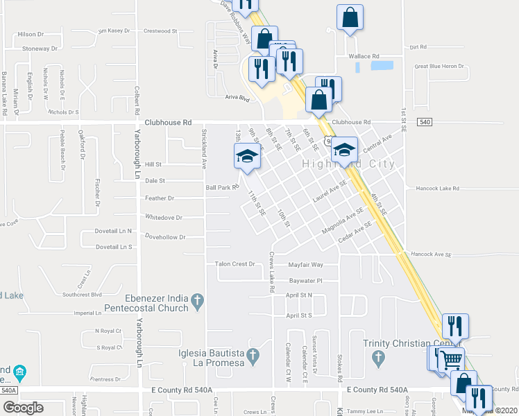 map of restaurants, bars, coffee shops, grocery stores, and more near 5443 11th Street Southeast in Lakeland