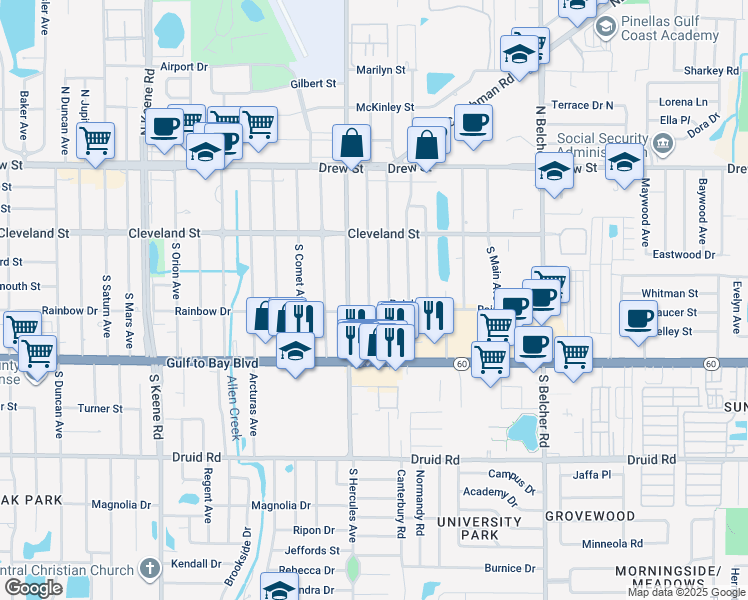 map of restaurants, bars, coffee shops, grocery stores, and more near 209 South Cirus Avenue in Clearwater