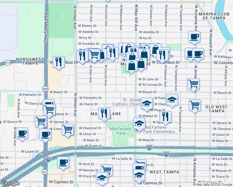 map of restaurants, bars, coffee shops, grocery stores, and more near 3210 West Beach Street in Tampa