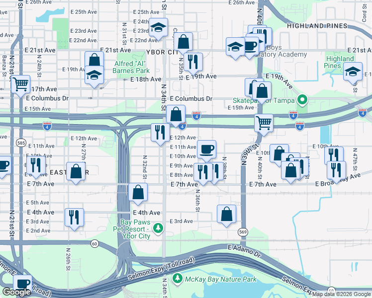 map of restaurants, bars, coffee shops, grocery stores, and more near 3505 East 11th Avenue in Tampa