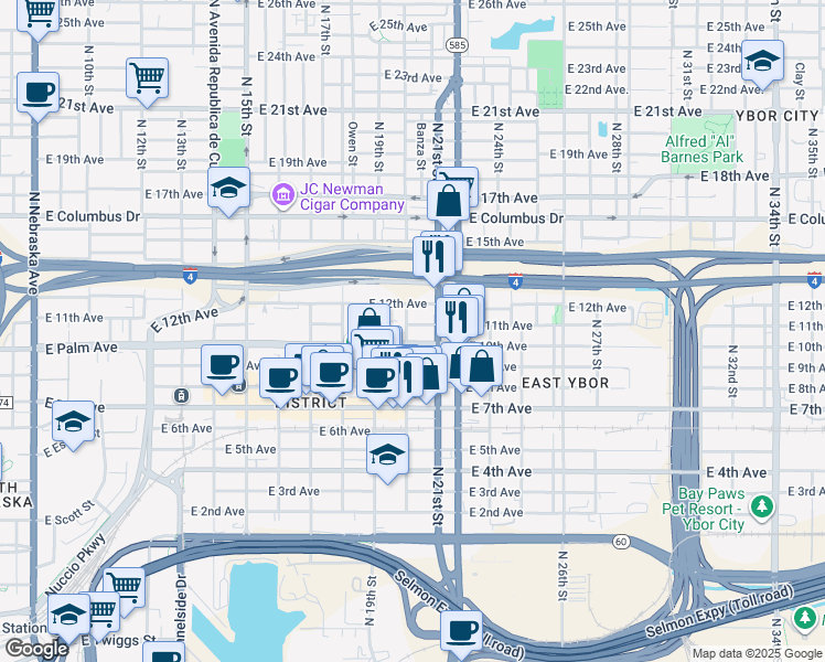map of restaurants, bars, coffee shops, grocery stores, and more near 11101 North 20th Street in Tampa