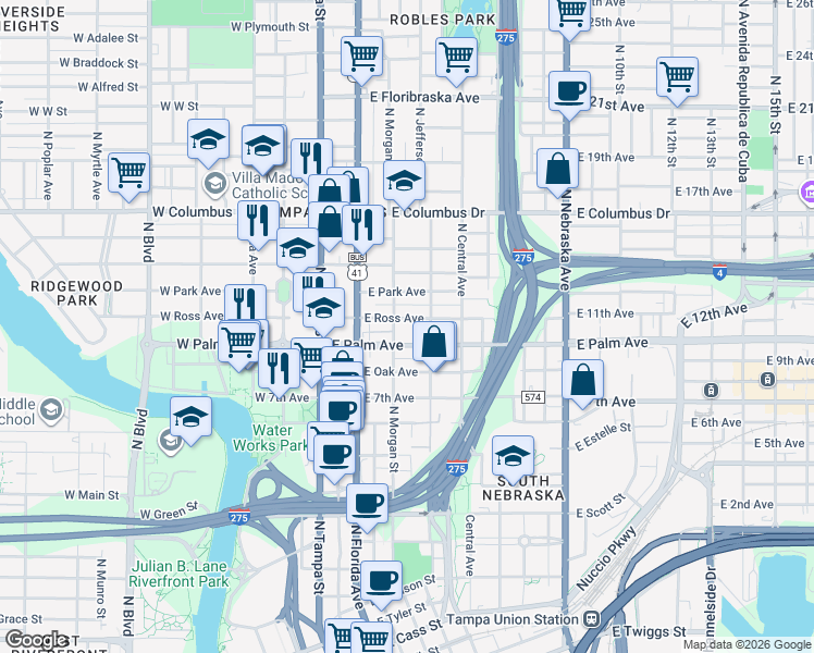 map of restaurants, bars, coffee shops, grocery stores, and more near 301 East Ross Avenue in Tampa