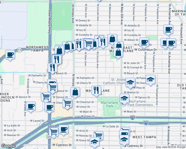 map of restaurants, bars, coffee shops, grocery stores, and more near 3316 West Beach Street in Tampa