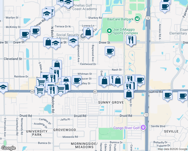 map of restaurants, bars, coffee shops, grocery stores, and more near 201 South Fernwood Avenue in Clearwater