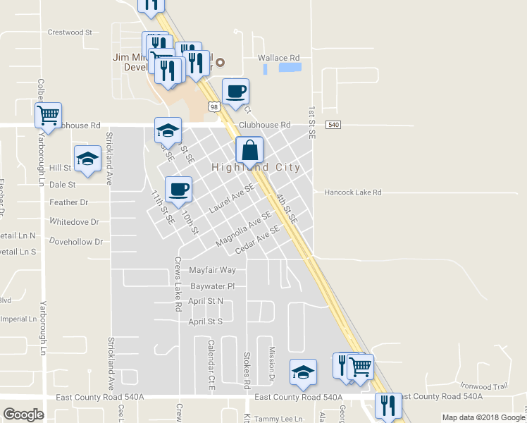map of restaurants, bars, coffee shops, grocery stores, and more near 5542 6th Street in Highland City