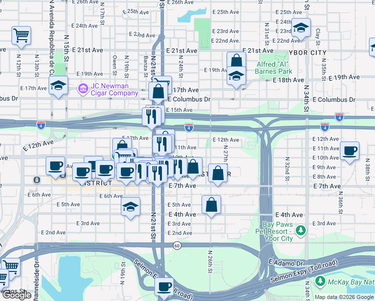 map of restaurants, bars, coffee shops, grocery stores, and more near 2311 East 11th Avenue in Tampa