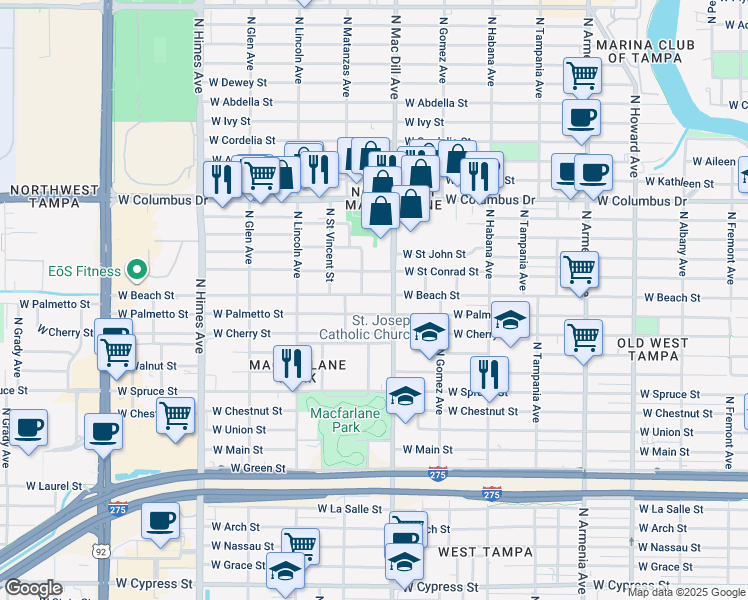 map of restaurants, bars, coffee shops, grocery stores, and more near 3108 West Beach Street in Tampa