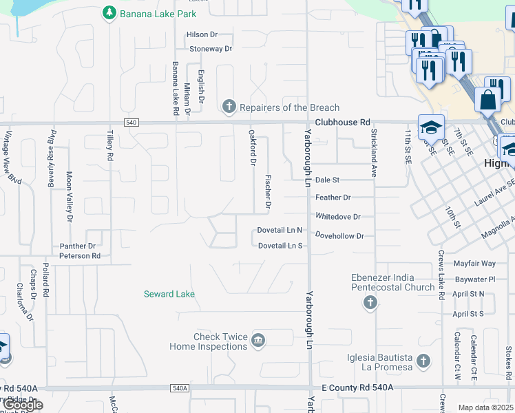 map of restaurants, bars, coffee shops, grocery stores, and more near 5518 Oakford Drive in Lakeland