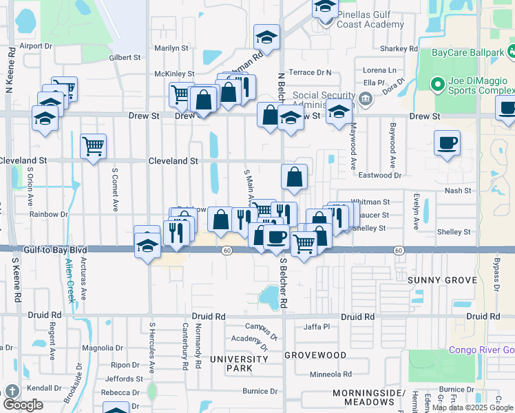 map of restaurants, bars, coffee shops, grocery stores, and more near 2170 Rainbow Drive in Clearwater
