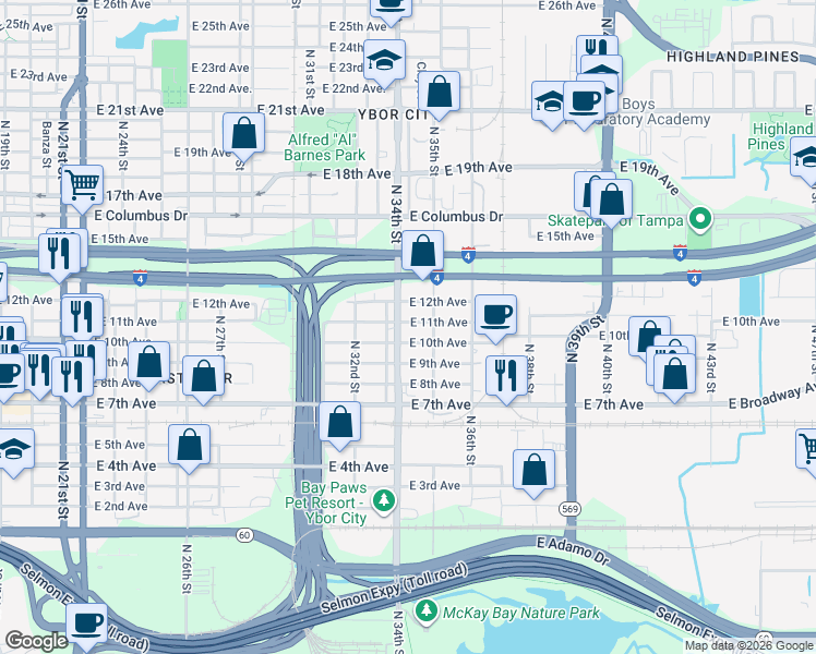 map of restaurants, bars, coffee shops, grocery stores, and more near 3403 East 11th Avenue in Tampa