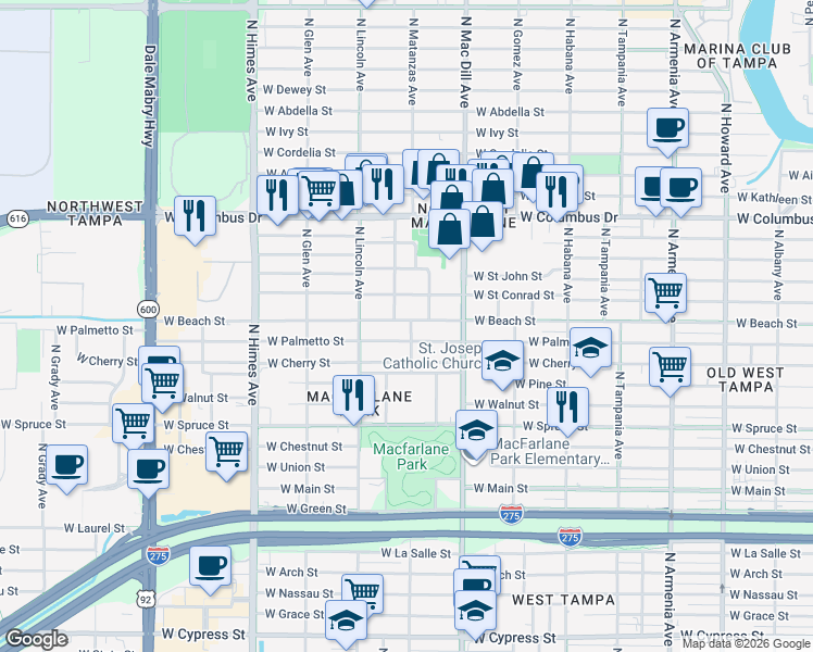 map of restaurants, bars, coffee shops, grocery stores, and more near 3210 West Beach Street in Tampa