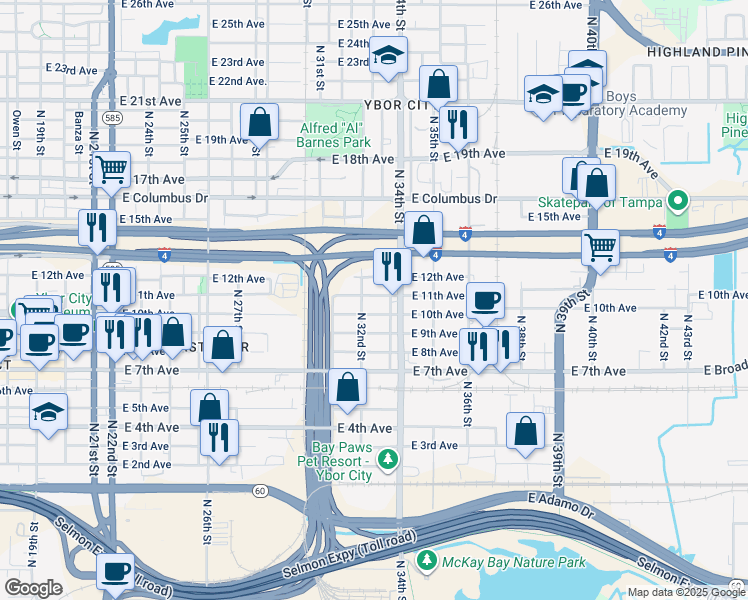 map of restaurants, bars, coffee shops, grocery stores, and more near 3207 East 11th Avenue in Tampa