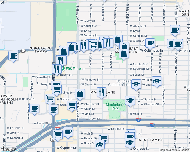 map of restaurants, bars, coffee shops, grocery stores, and more near 3316 West Beach Street in Tampa