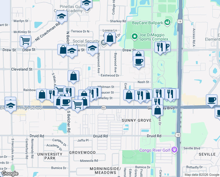 map of restaurants, bars, coffee shops, grocery stores, and more near 2351 Whitman Street in Clearwater