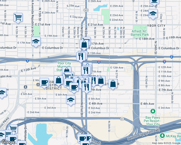 map of restaurants, bars, coffee shops, grocery stores, and more near 2215 East 11th Avenue in Tampa