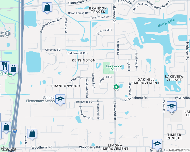 map of restaurants, bars, coffee shops, grocery stores, and more near 1523 Sunnyhills Drive in Brandon