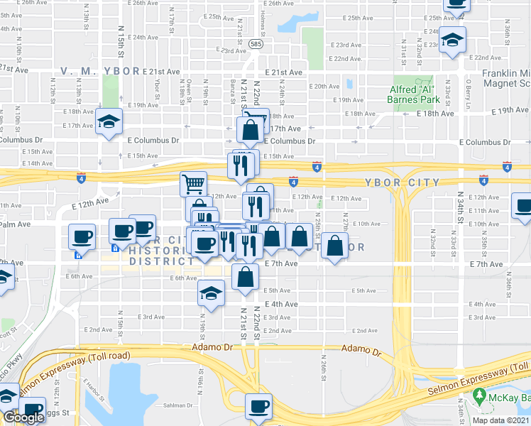 map of restaurants, bars, coffee shops, grocery stores, and more near 2211 East 11th Avenue in Tampa