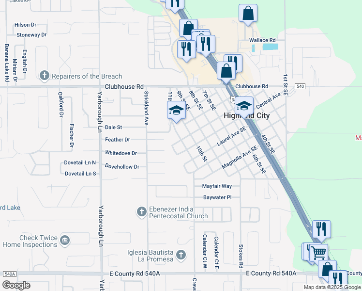 map of restaurants, bars, coffee shops, grocery stores, and more near 5443 11th Street Southeast in Lakeland