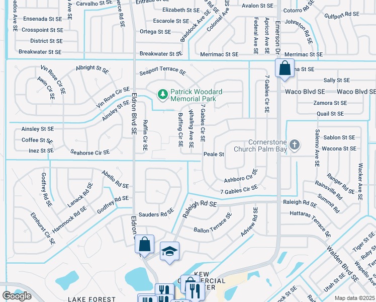 map of restaurants, bars, coffee shops, grocery stores, and more near 1390 Whaling Avenue Southeast in Palm Bay