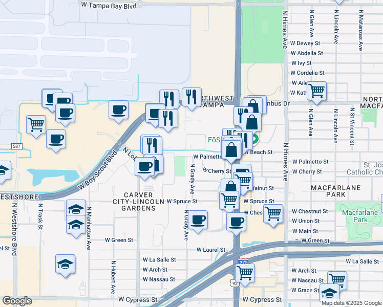 map of restaurants, bars, coffee shops, grocery stores, and more near 3925 West Palmetto Street in Tampa