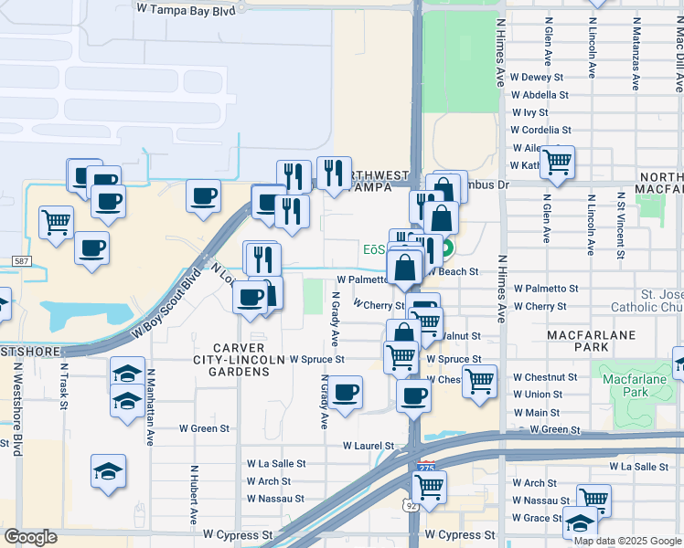 map of restaurants, bars, coffee shops, grocery stores, and more near 3925 West Palmetto Street in Tampa