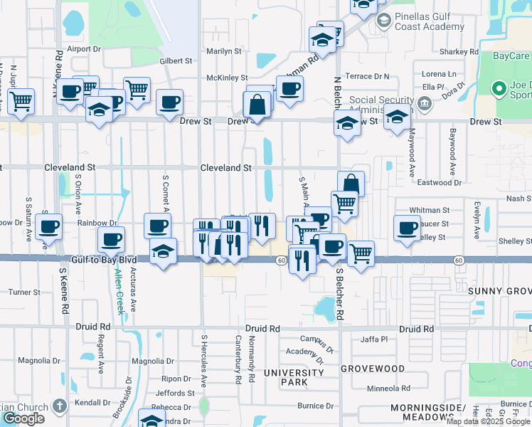 map of restaurants, bars, coffee shops, grocery stores, and more near 2078 Rainbow Drive in Clearwater