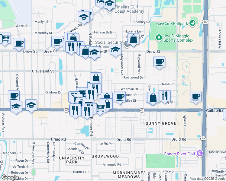 map of restaurants, bars, coffee shops, grocery stores, and more near 206 S Maywood Ave in Clearwater