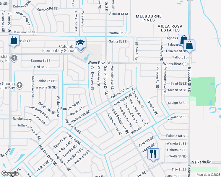 map of restaurants, bars, coffee shops, grocery stores, and more near 1378 Vandalia Avenue Southeast in Palm Bay