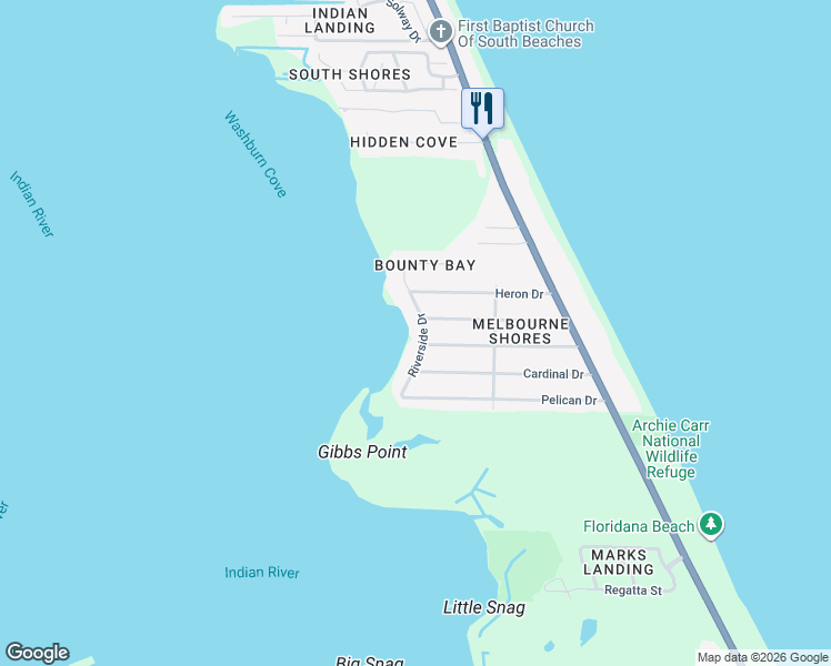 map of restaurants, bars, coffee shops, grocery stores, and more near 5930 Riverside Drive in Melbourne Beach