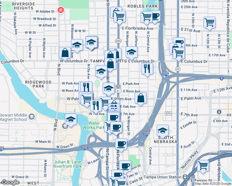 map of restaurants, bars, coffee shops, grocery stores, and more near 1910 North Florida Avenue in Tampa