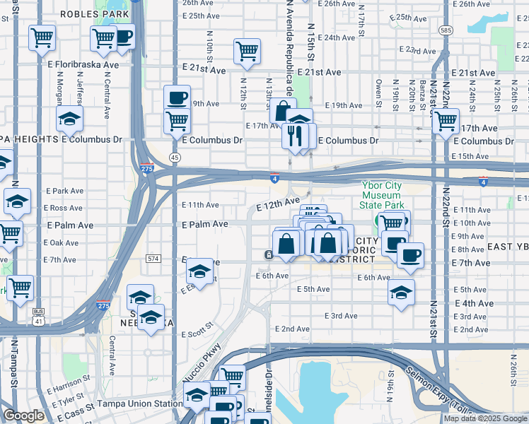 map of restaurants, bars, coffee shops, grocery stores, and more near 1202 East Palm Avenue in Tampa