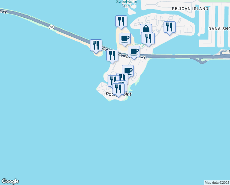 map of restaurants, bars, coffee shops, grocery stores, and more near 2525 North Rocky Point Drive in Tampa