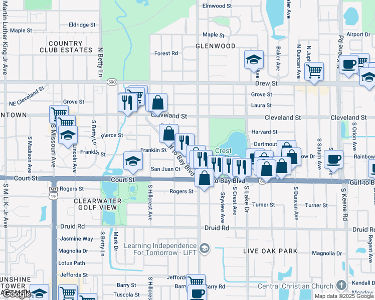 map of restaurants, bars, coffee shops, grocery stores, and more near 1481 Franklin Street in Clearwater