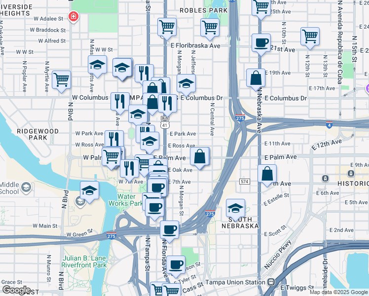 map of restaurants, bars, coffee shops, grocery stores, and more near 301 East Ross Avenue in Tampa