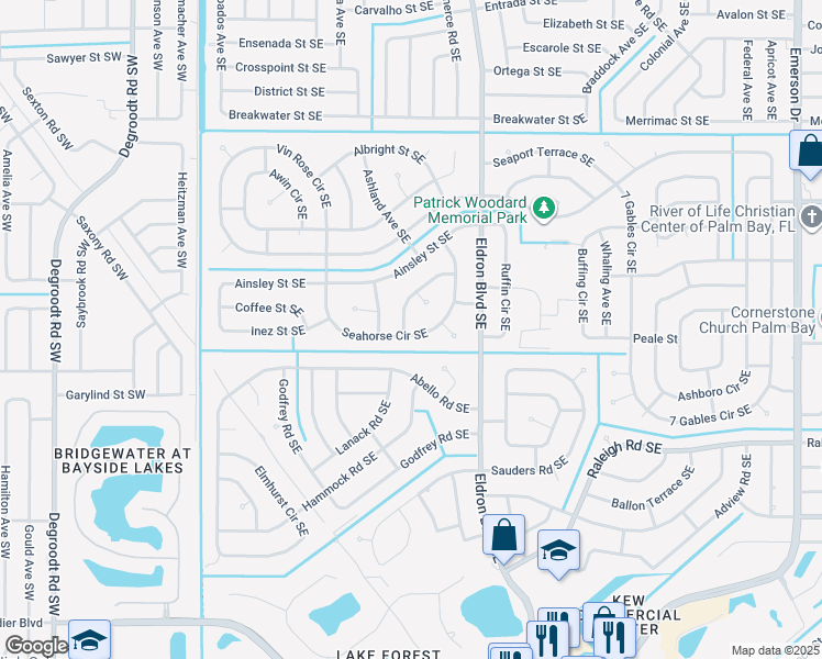 map of restaurants, bars, coffee shops, grocery stores, and more near 351 Seahorse Circle Southeast in Palm Bay