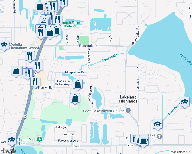 map of restaurants, bars, coffee shops, grocery stores, and more near 5685 Lake Victoria Drive in Lakeland